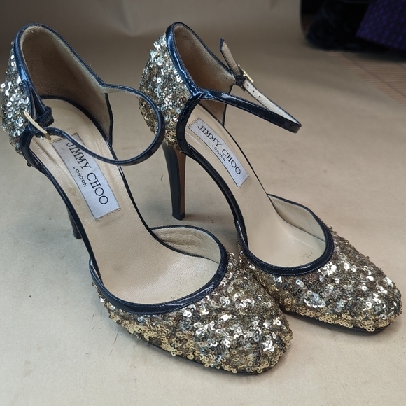 Jimmy Choo London women's 3.5" Heels Size 36 . Golden sequins and black patent l - Picture 1 of 11